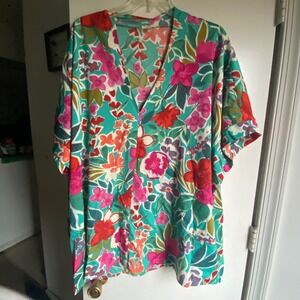 JODIFL 3X Tropical Floral Print V Neck Tunic Top Women's